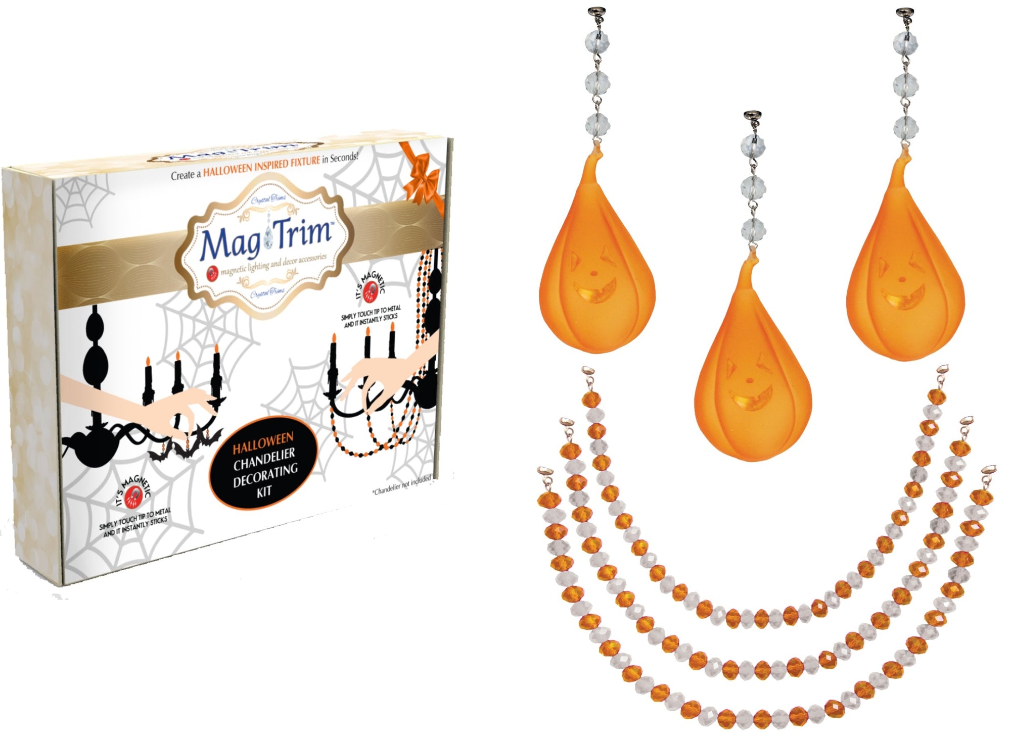 HALLOWEEN CHANDELIER MAKEOVER KIT - (3) Glass Pumpkin + (3) 12&quot; Orange/White Garland - MagTrim Designs LLC