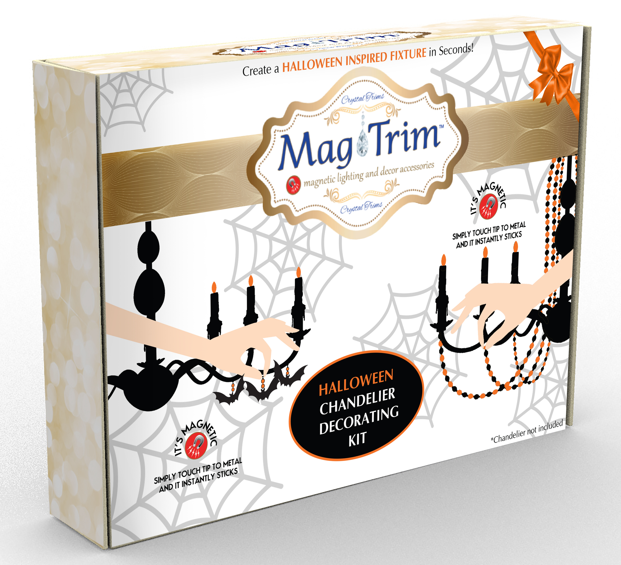 HALLOWEEN CHANDELIER MAKEOVER KIT - Glass Ghost + 12&quot; Orange/White Garland (Set/6) Chandelier Crystals | Magnetic Crystals | Lamp Crystals MagTrim 