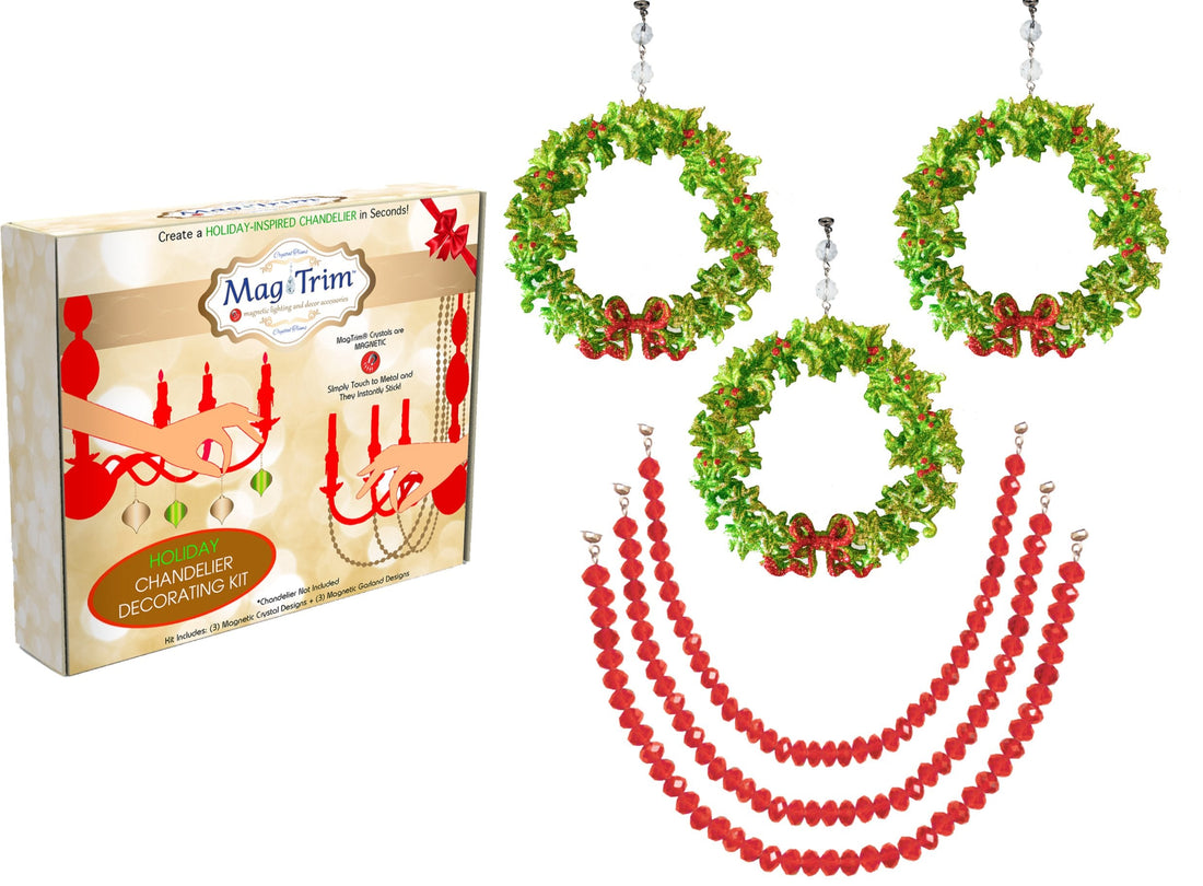 HOLIDAY CHANDELIER MAKEOVER KIT - (3) Bow Wreath + (3) 12" Red Bead Crystal Garland - MagTrim Designs LLC