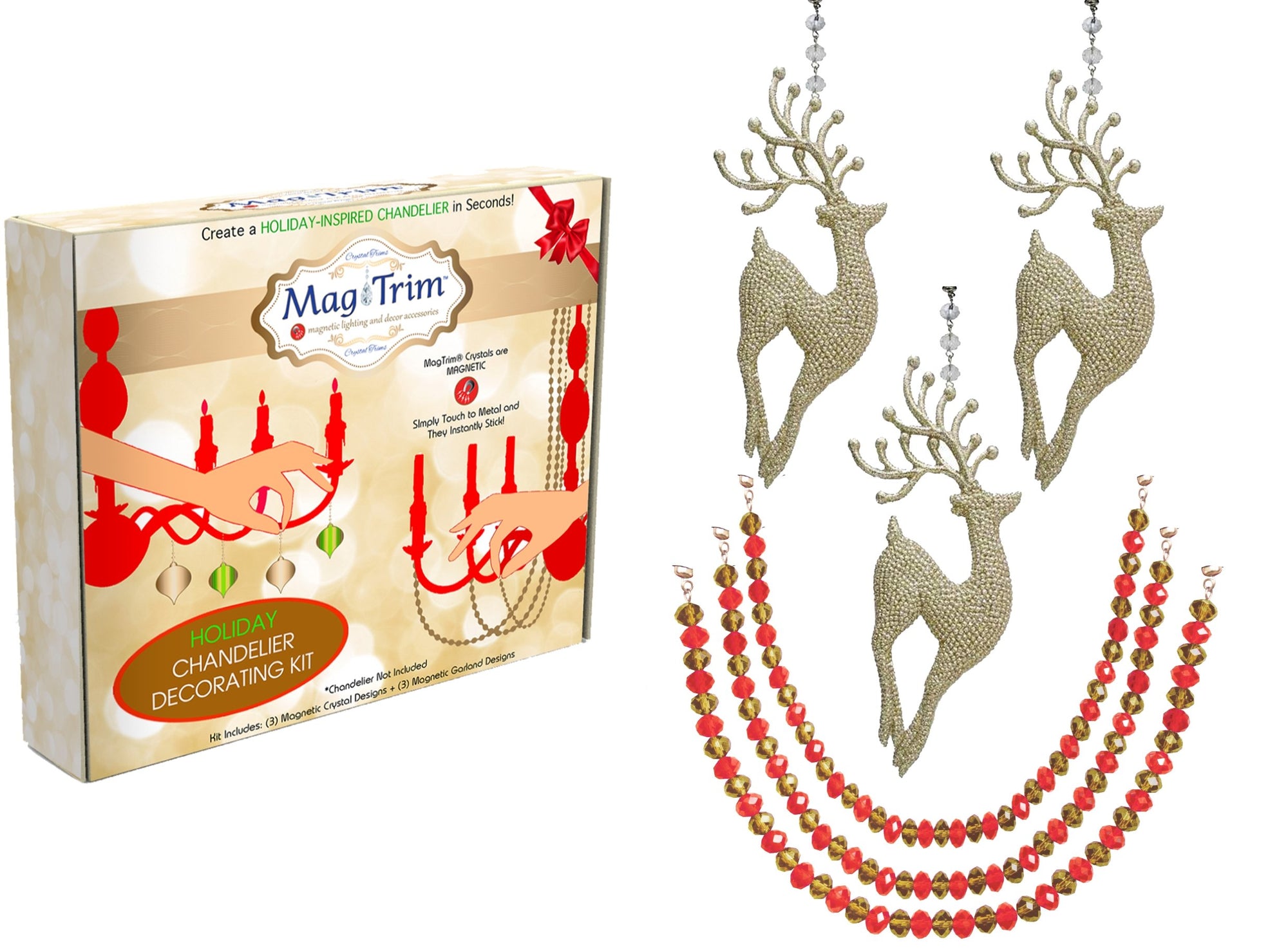 HOLIDAY CHANDELIER MAKEOVER KIT - (3) Champagne PRANCING Reindeer + (3) 12" Red/Gold Garland - MagTrim Designs LLC
