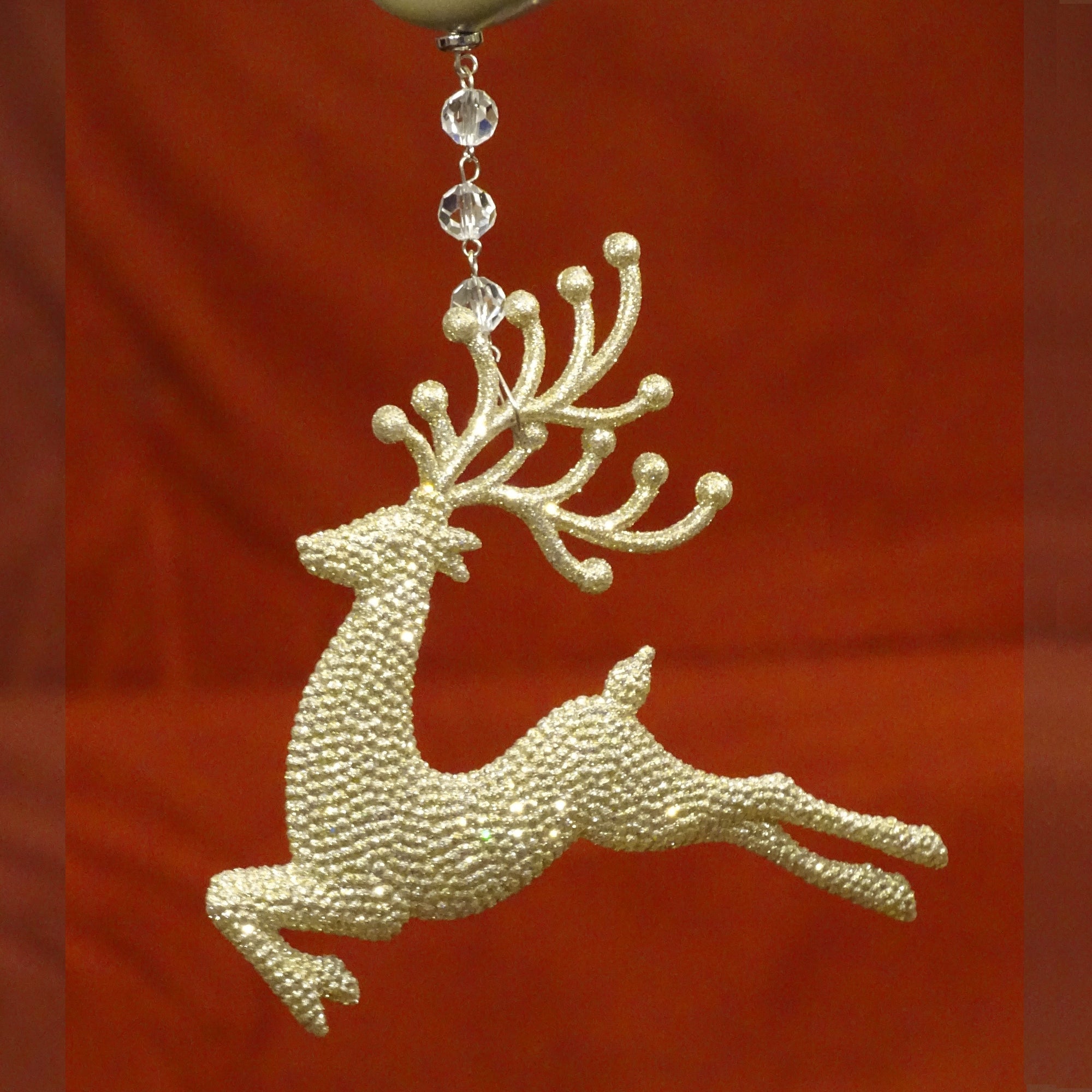 HOLIDAY CHANDELIER MAKEOVER KIT - (3) Champagne RUNNING Reindeer + (3) 12" Red/Gold Garland - MagTrim Designs LLC