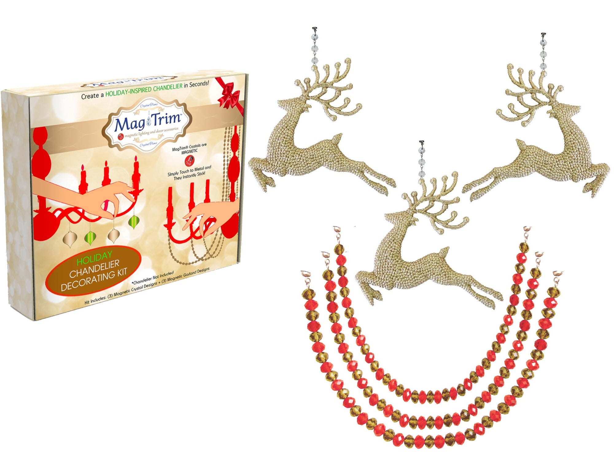 HOLIDAY CHANDELIER MAKEOVER KIT - (3) Champagne RUNNING Reindeer + (3) 12" Red/Gold Garland - MagTrim Designs LLC