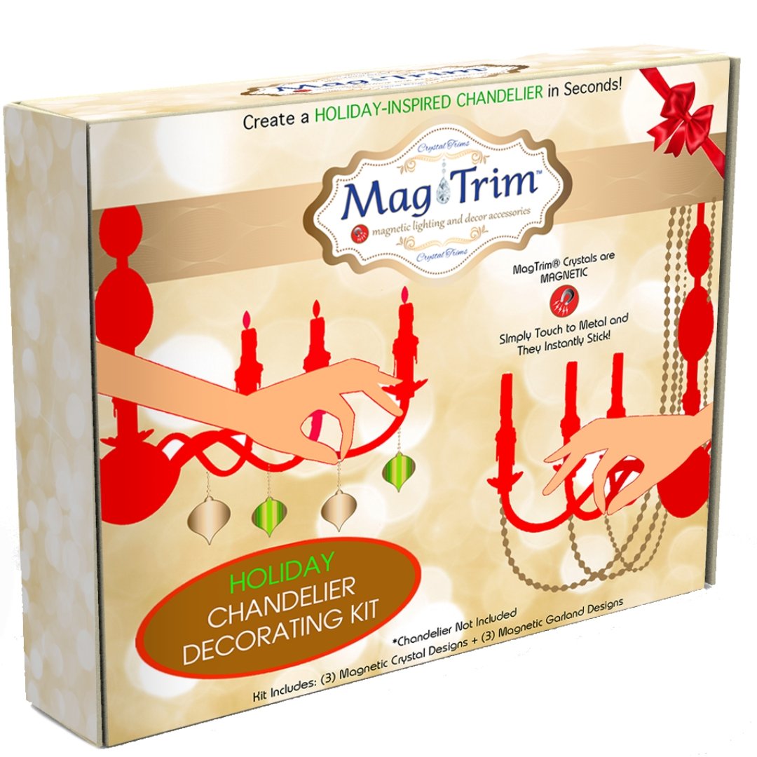 HOLIDAY CHANDELIER MAKEOVER KIT - (3) Champagne RUNNING Reindeer + (3) 12" Red/Gold Garland - MagTrim Designs LLC