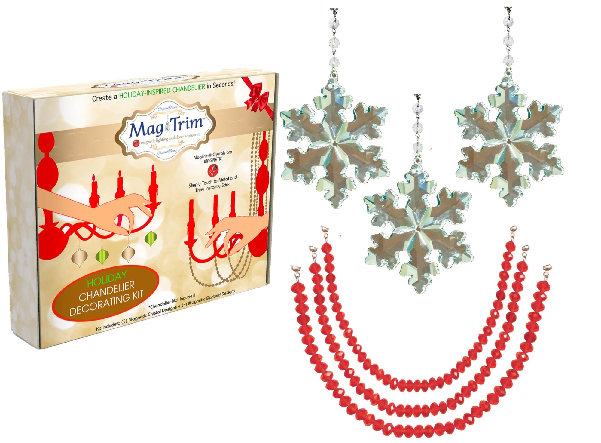 HOLIDAY CHANDELIER MAKEOVER KIT - (3) Crystal Snowflake + (3) 12" Red Crystal Garland - MagTrim Designs LLC