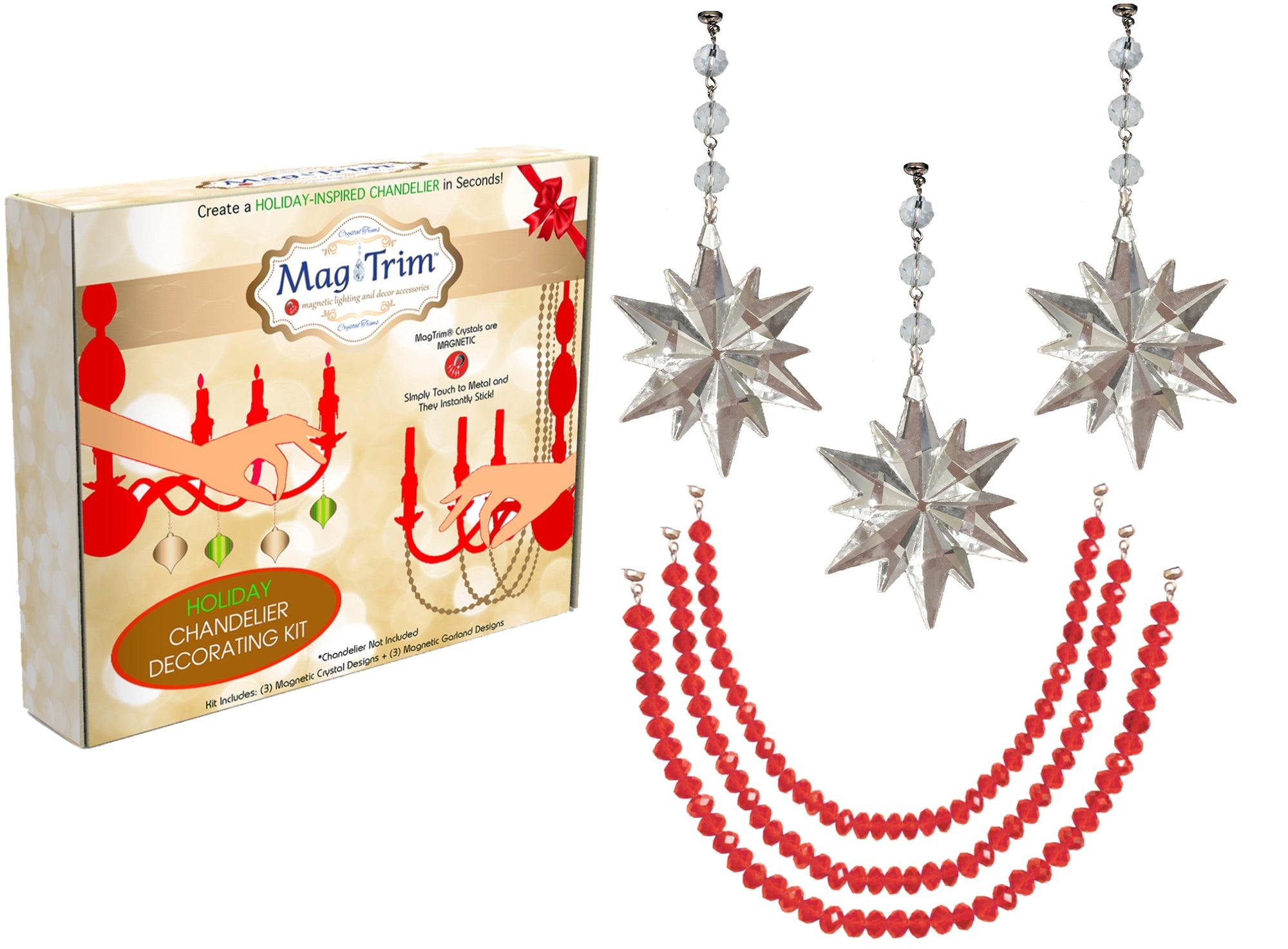 HOLIDAY CHANDELIER MAKEOVER KIT - (3) Crystal Star + (3) 12" Red Crystal Garland - MagTrim Designs LLC