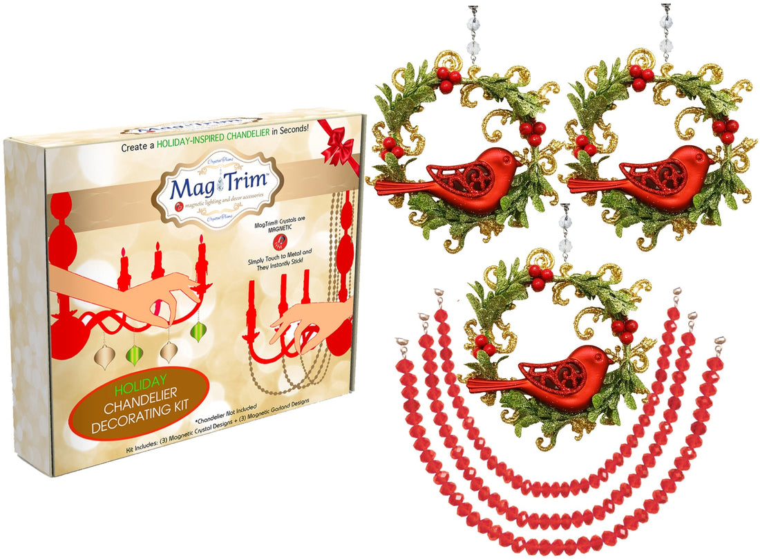 HOLIDAY CHANDELIER MAKEOVER KIT - (3) Dove Wreath + (3) 12" Red Bead Crystal Garland - MagTrim Designs LLC