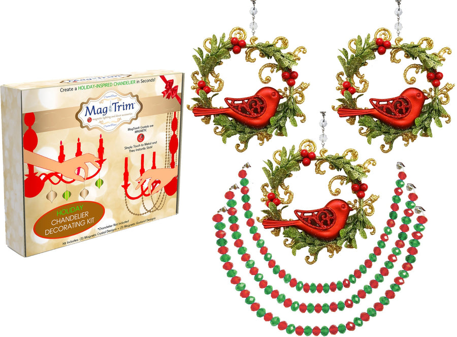 HOLIDAY CHANDELIER MAKEOVER KIT - (3) Dove Wreath + (3) 12" Red/Green Bead Crystal Garland - MagTrim Designs LLC