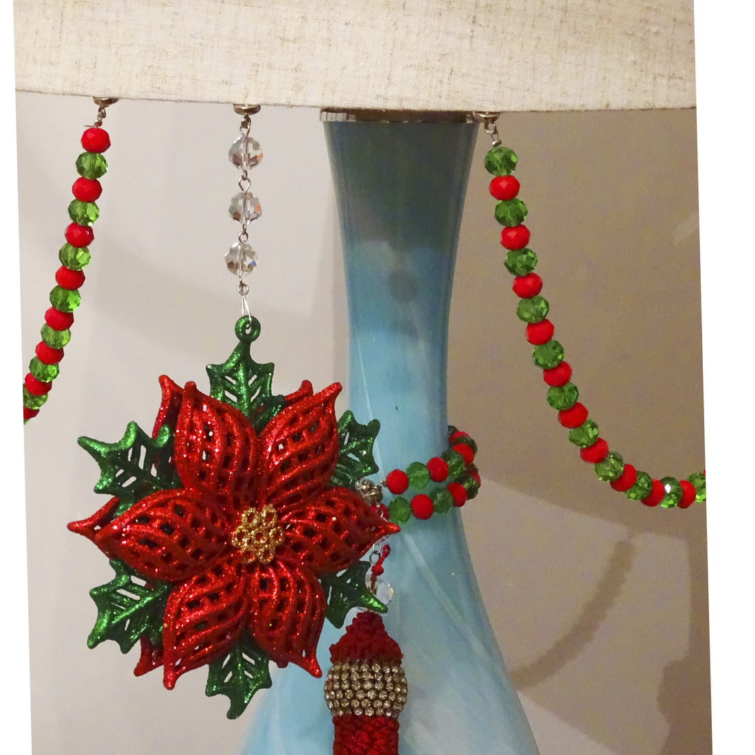 HOLIDAY CHANDELIER MAKEOVER KIT - (3) Glitter Poinsettia + (3) 12" Red/Green Bead Crystal Garland - MagTrim Designs LLC