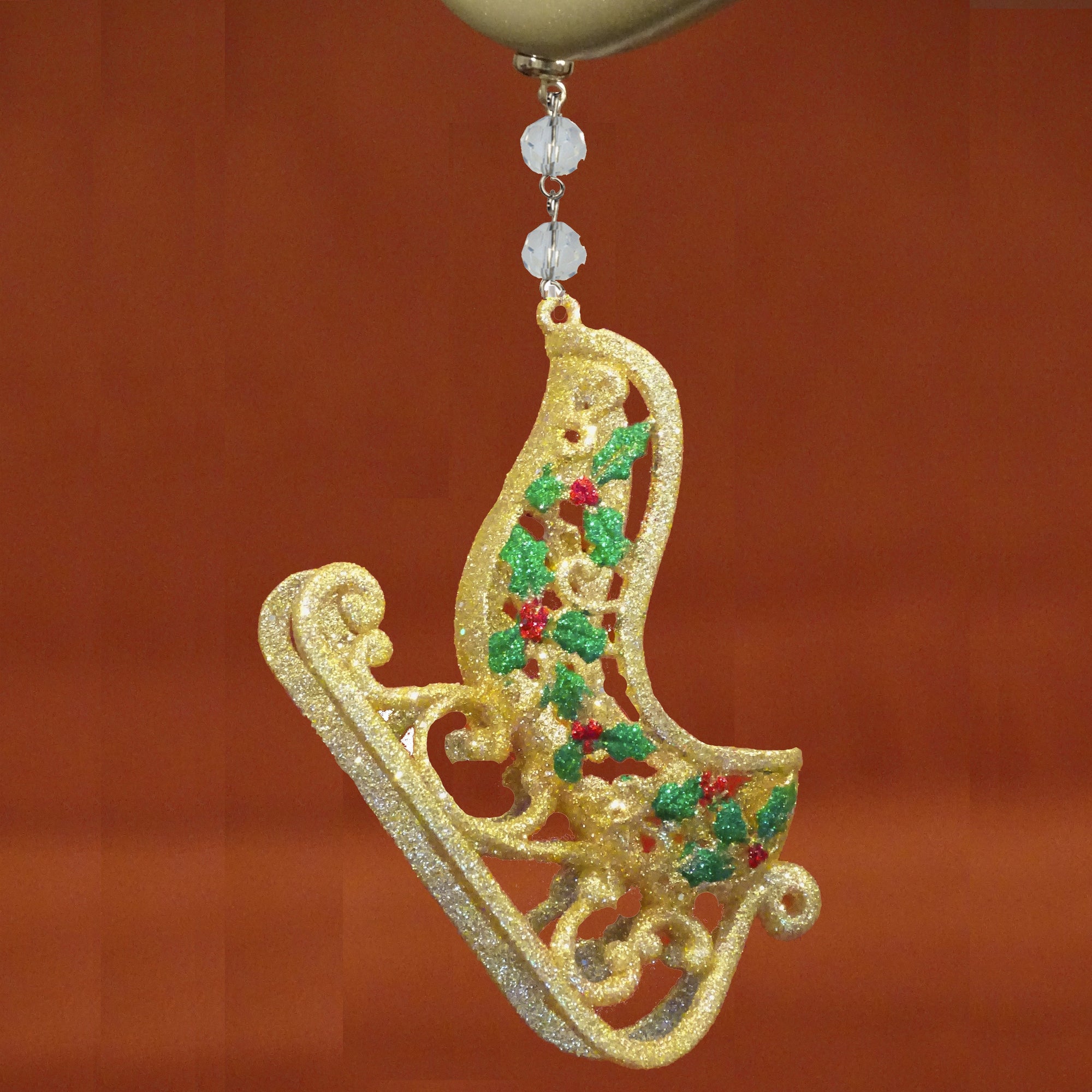 HOLIDAY CHANDELIER MAKEOVER KIT - (3) Gold Glitter Sleigh + (3) 12&quot; Red/Green Garland - MagTrim Designs LLC