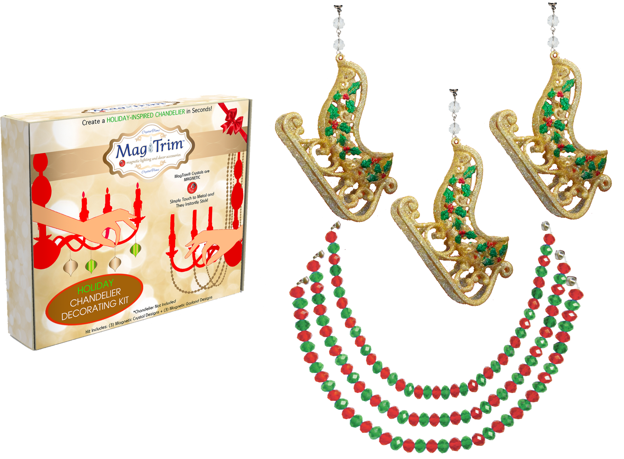 HOLIDAY CHANDELIER MAKEOVER KIT - (3) Gold Glitter Sleigh + (3) 12&quot; Red/Green Garland Chandelier Crystals | Magnetic Crystals | Lamp Crystals MagTrim Set/6 