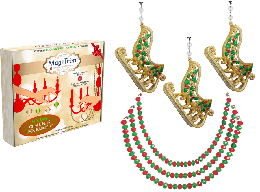 HOLIDAY CHANDELIER MAKEOVER KIT - (3) Gold Glitter Sleigh + (3) 12" Red/Green Garland Chandelier Crystals | Magnetic Crystals | Lamp Crystals MagTrim Set/6 