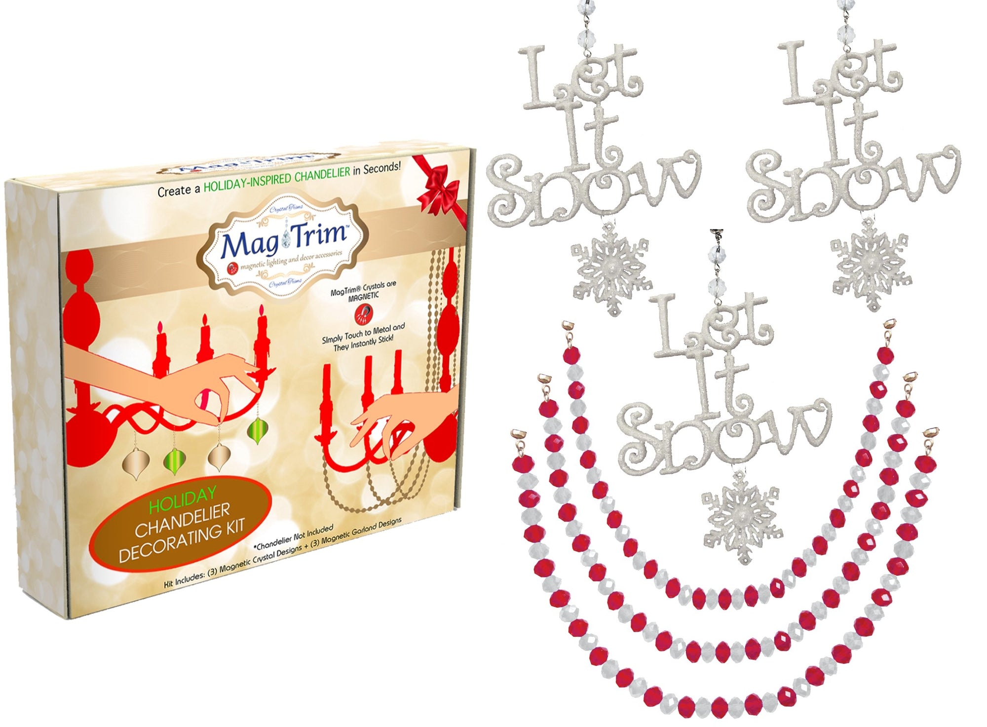 HOLIDAY CHANDELIER MAKEOVER KIT - (3) Let It Snow + (3) 12&quot; Red/White Crystal Garland - MagTrim Designs LLC