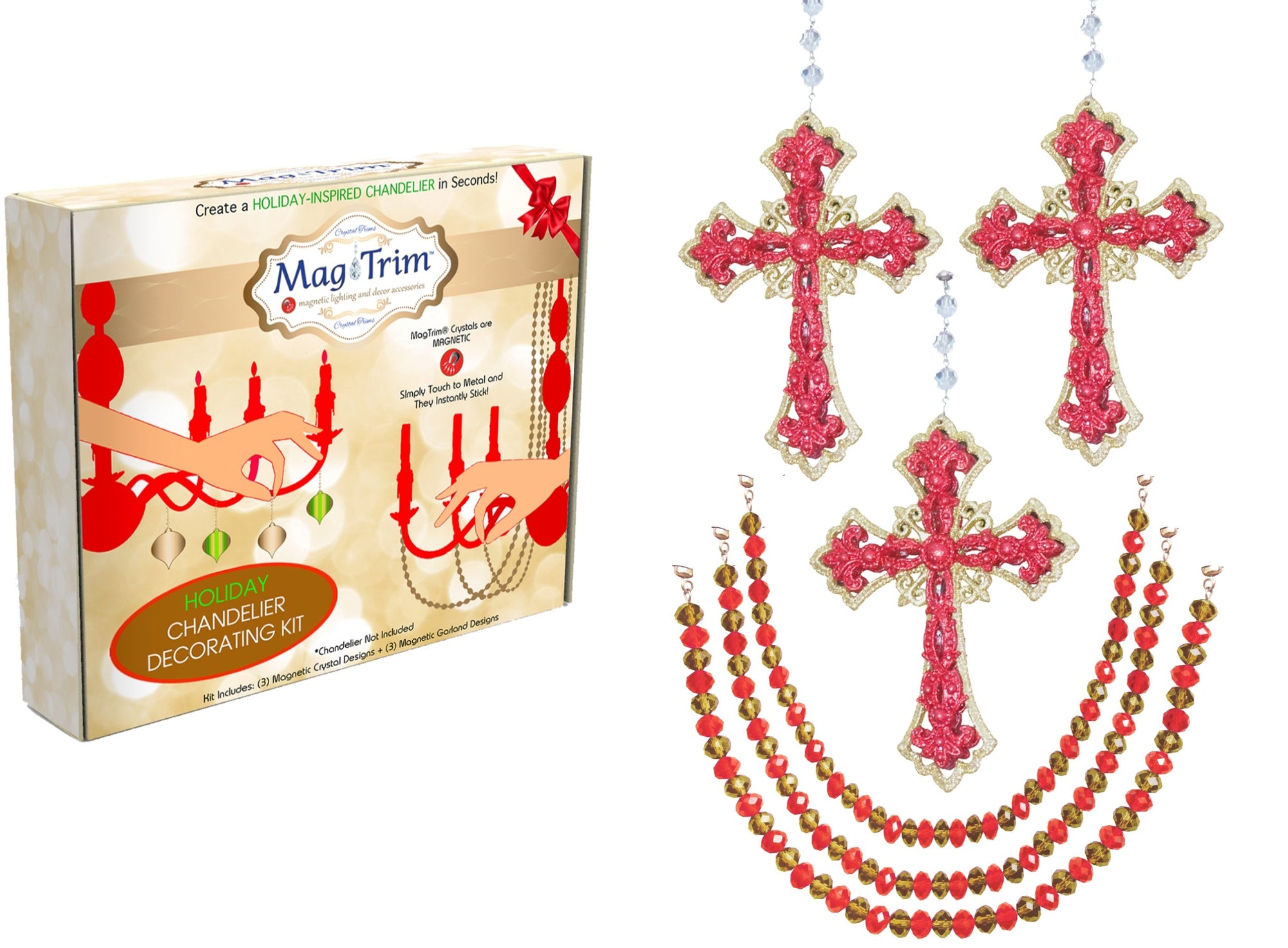 HOLIDAY CHANDELIER MAKEOVER KIT - (3) Red Gold Cross + (3) 12" Red/Gold Garland - MagTrim Designs LLC