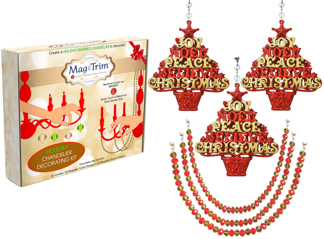 HOLIDAY CHANDELIER MAKEOVER KIT - (3) Red Gold Joy Peace Tree + (3) 12" Red/Gold Garland - MagTrim Designs LLC