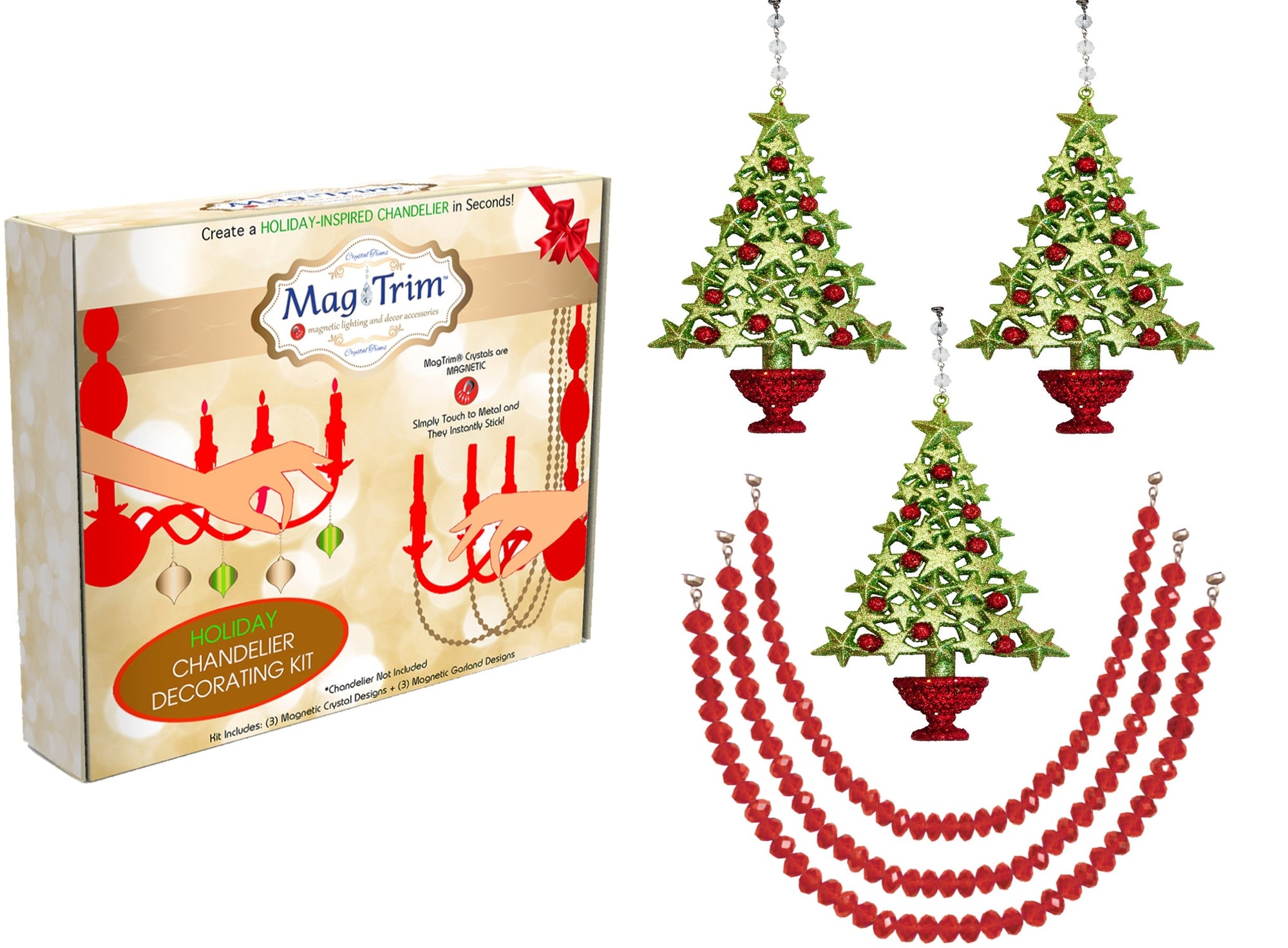 HOLIDAY CHANDELIER MAKEOVER KIT - (3) Red/Green Tree + (3) 12" Red Bead Garland - MagTrim Designs LLC