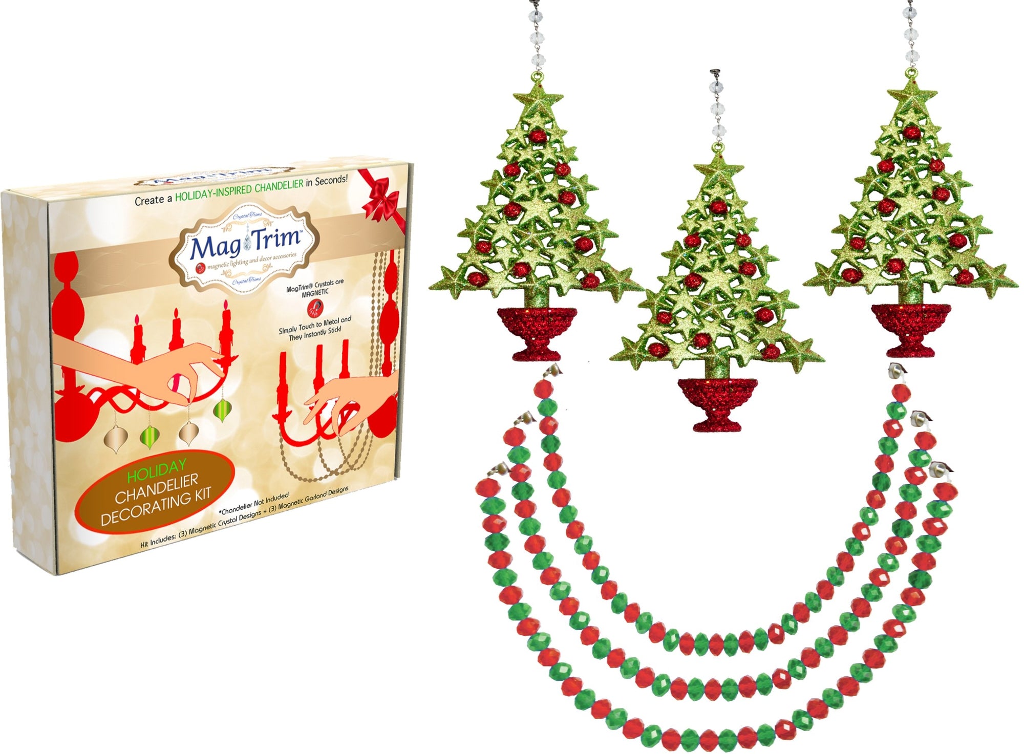 HOLIDAY CHANDELIER MAKEOVER KIT - (3) Red/Green Tree + (3) 12" Red/Green Garland - MagTrim Designs LLC