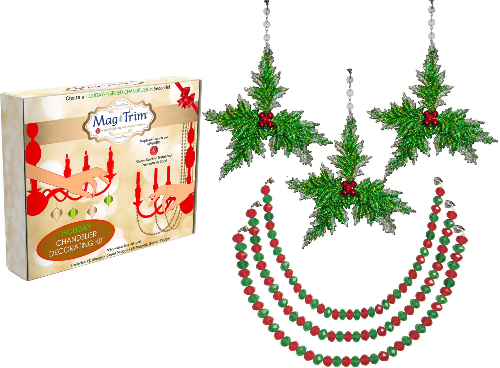 HOLIDAY CHANDELIER MAKEOVER KIT - Green Holly + 12&quot; Red/Green Garland (Set/6) Chandelier Crystals | Magnetic Crystals | Lamp Crystals MagTrim Set/ 6 