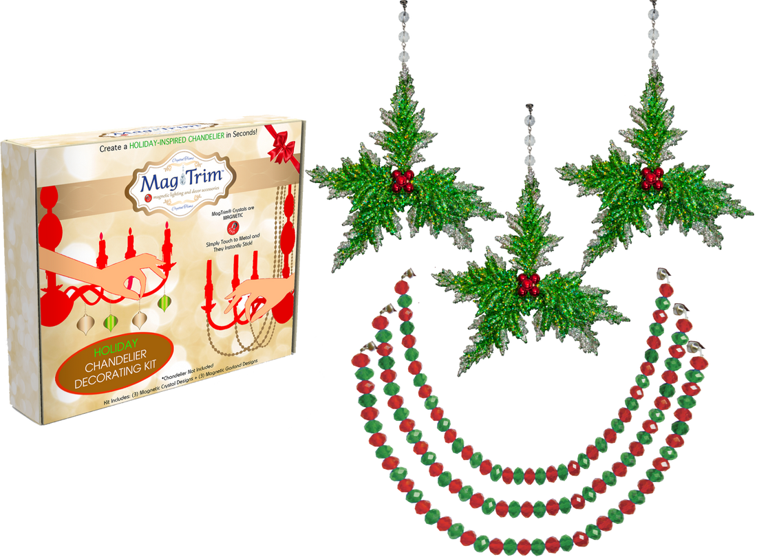 HOLIDAY CHANDELIER MAKEOVER KIT - Green Holly + 12" Red/Green Garland (Set/6) Chandelier Crystals | Magnetic Crystals | Lamp Crystals MagTrim Set/ 6 