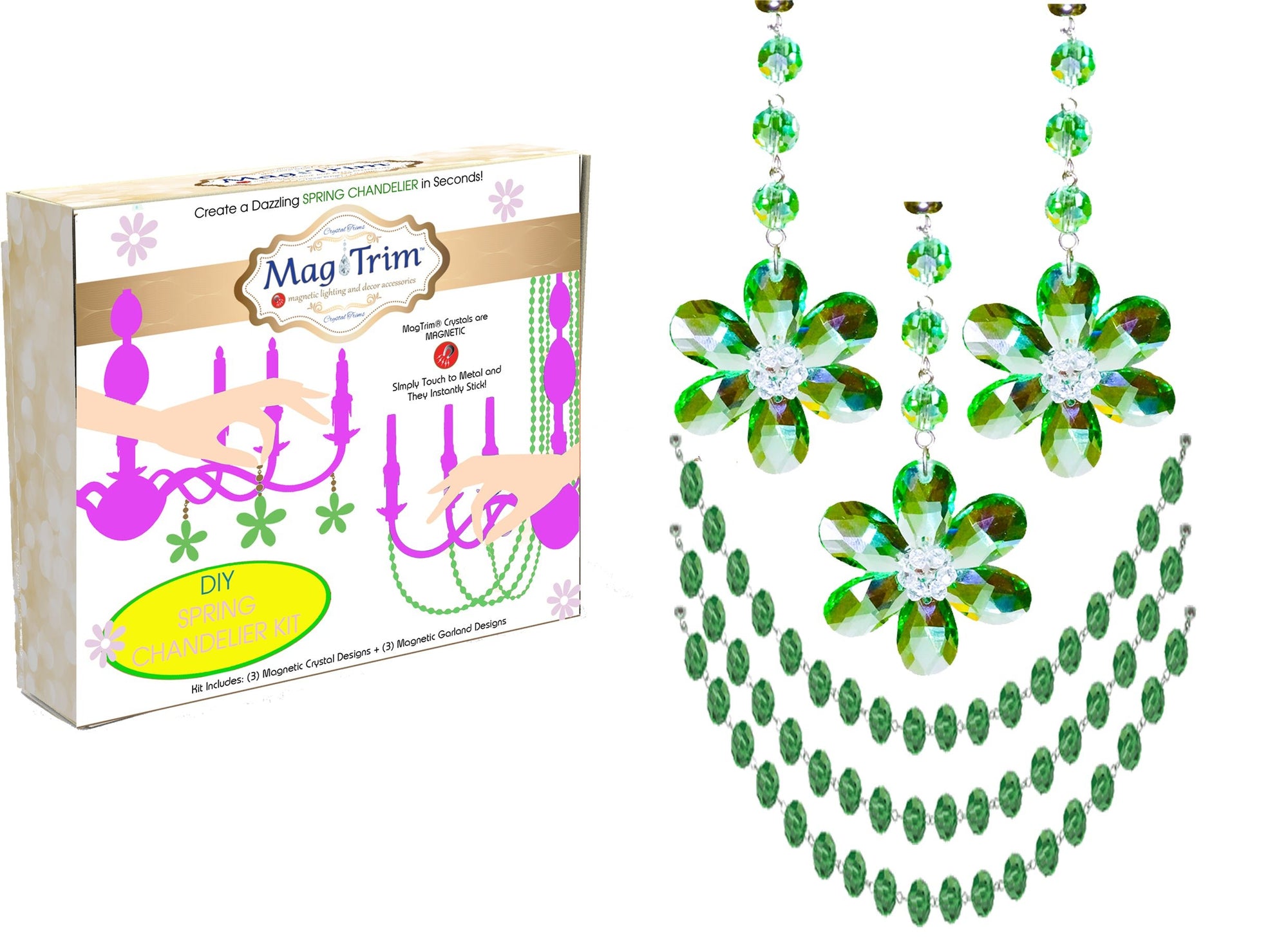 SPRING CHANDELIER MAKEOVER KIT - (3) Green Crystal Daisy + (3) 12" Green Crystal Garland (Set/6) - MagTrim Designs LLC